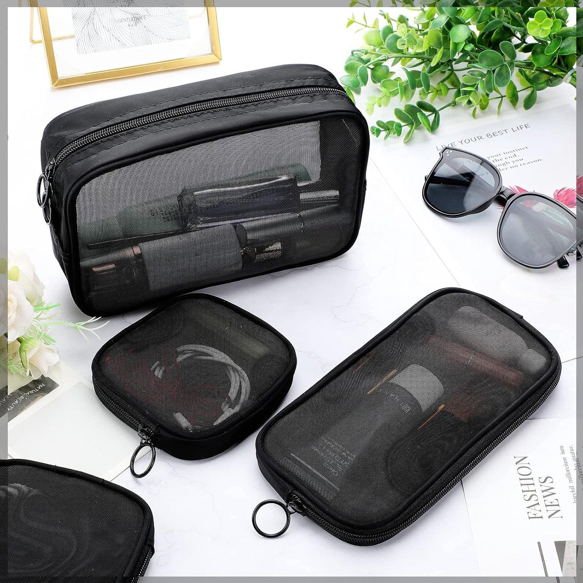 4 pieces - Cosmetic bag - Travel toiletry bag - Storage bag - mesh cosmetic bag - travel bag with zipper - mini makeup bag - for daily accessories - for travel and daily use - small, large, medium - black