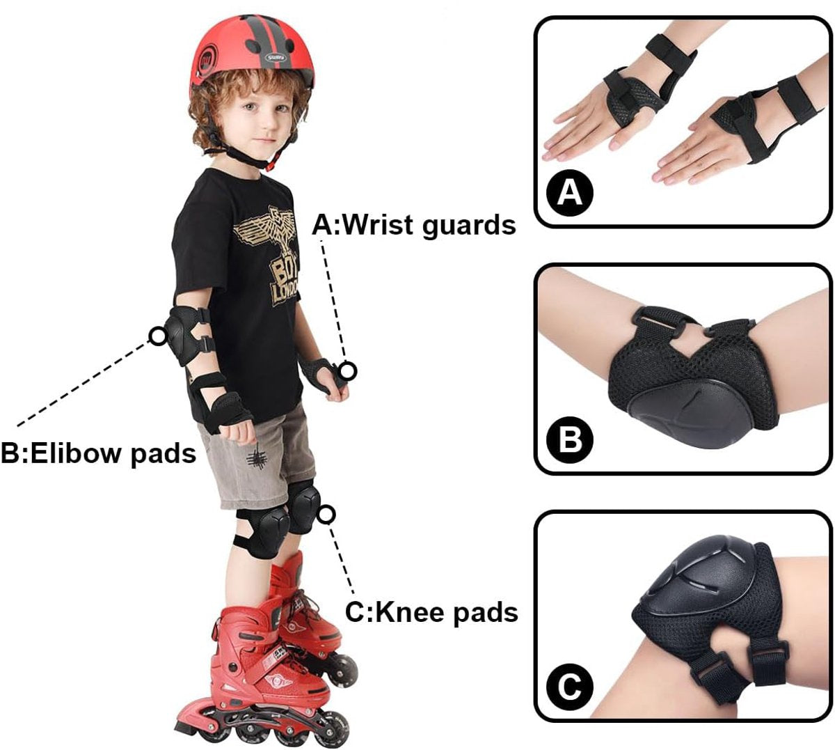 Kids Skate Protection Set - Protective covers for children's roller skates - Skate protection - Protection set for roller skates - Knee pads for children - Includes knee pads, elbow pads and wrist pads - knee pad set - Black