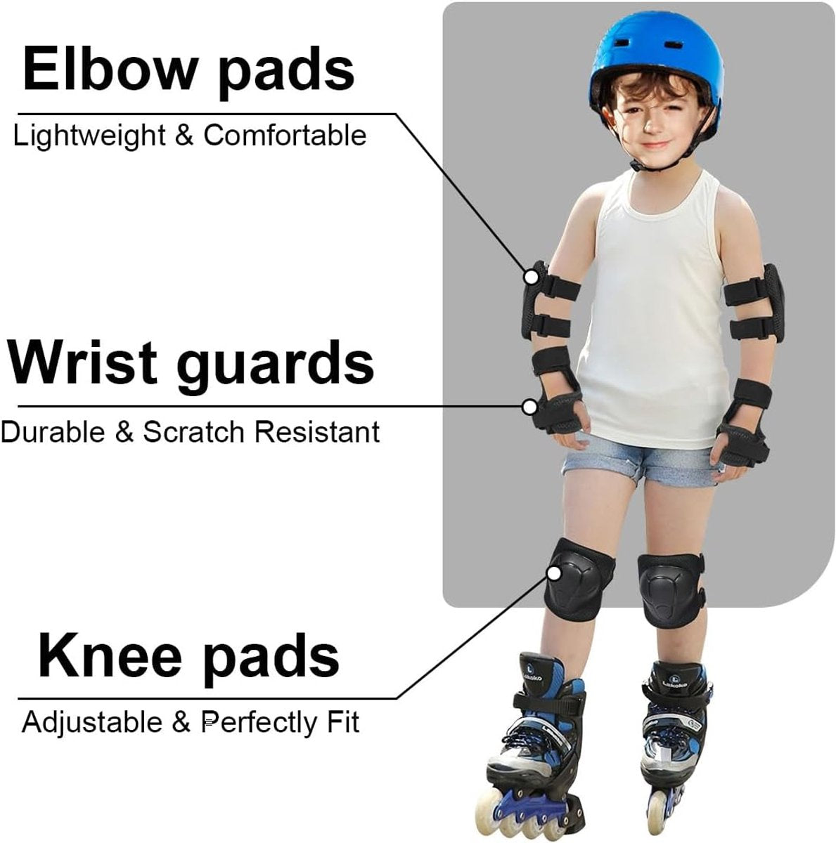 Kids Skate Protection Set - Protective covers for children's roller skates - Skate protection - Protection set for roller skates - Knee pads for children - Includes knee pads, elbow pads and wrist pads - knee pad set - Black