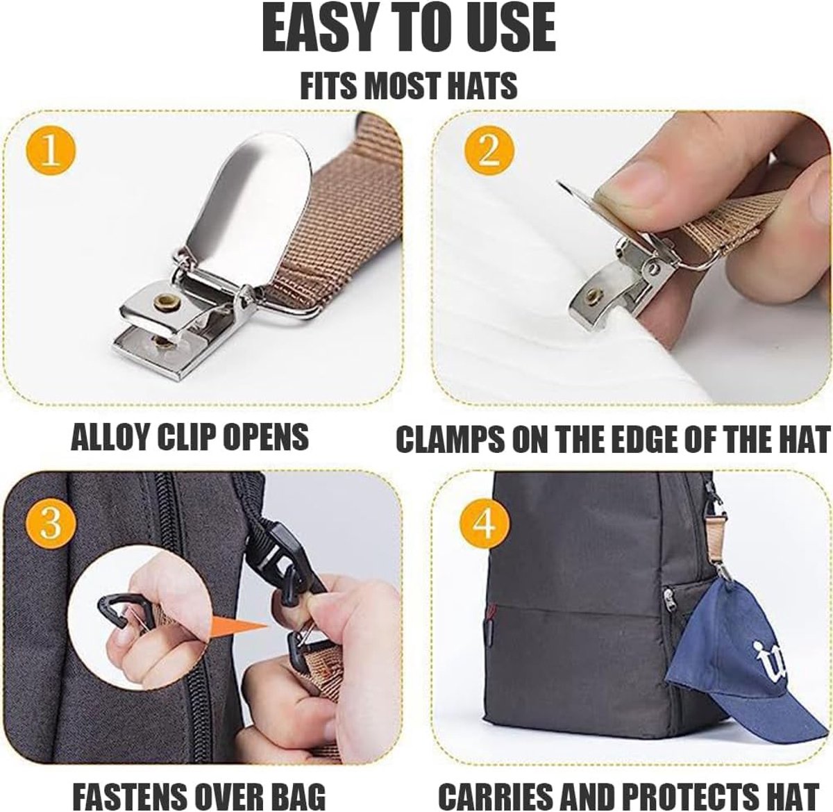 4 Travel Hat Clips - Dust Clips - Hands-Free Hat Holder - Outdoor Bag Accessories - Elastic Hat Clip - For Travel Bags, Backpacks, Wallets, Luggage Bags - Prevent Loss