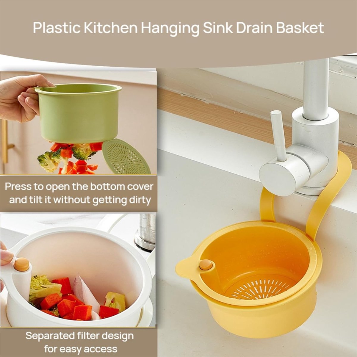 Drain Basket - Drain Filter - Sink Storage Holder - Faucet Hanging Strainer - Sink Drain Basket - Sink Strainer Basket - Sink Food Waste Collection Bin - Sink Trash Can - Plastic Kitchen Sink Strainer - Food Fruit Vegetable Drying Rack - Yellow