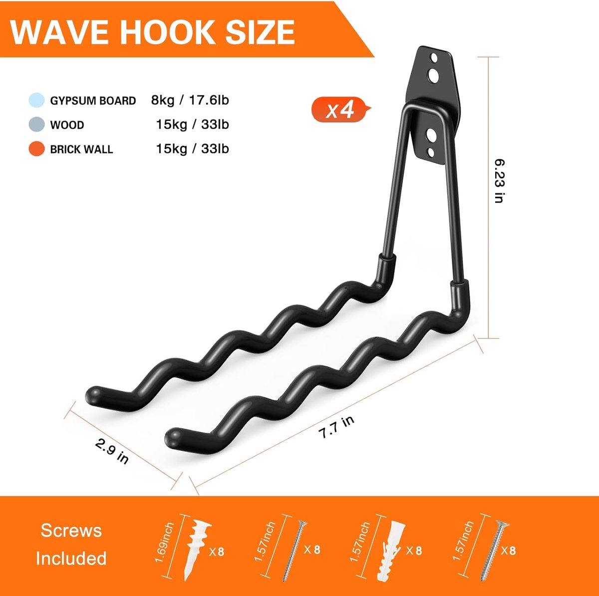 pieces - Heavy Duty Garage Hooks - Wave Long Hooks - Wall-Mounted Storage Rack - Electrical and Garden Tool Organizer - for hanging Ladders, Bicycles, Garden Hoses, Large Items and More - black - 19*16*6.5 cm