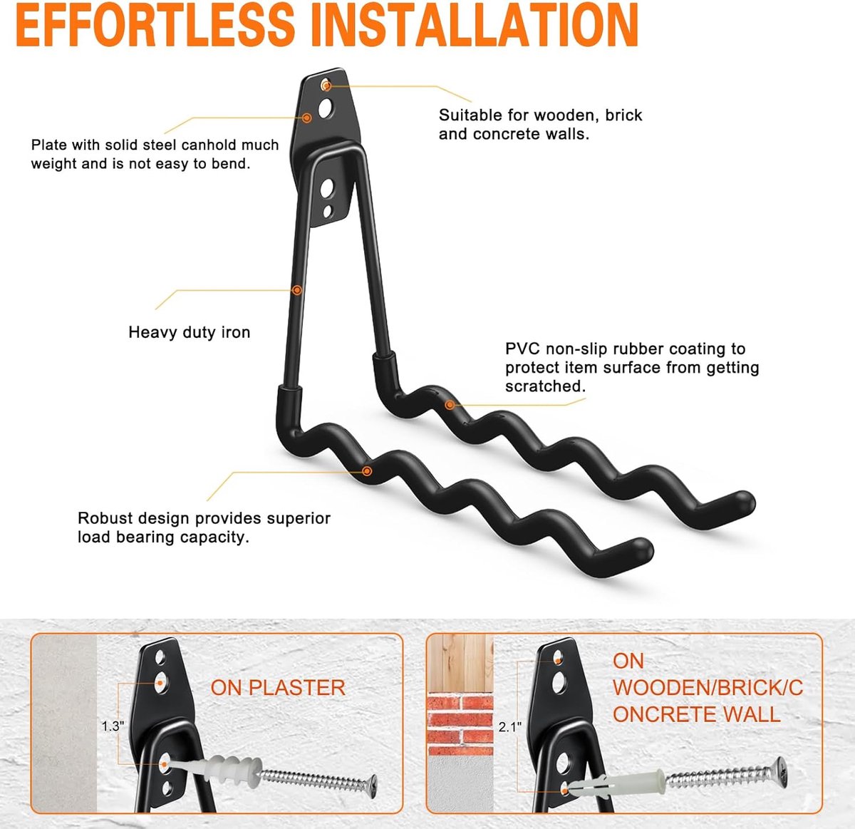 pieces - Heavy Duty Garage Hooks - Wave Long Hooks - Wall-Mounted Storage Rack - Electrical and Garden Tool Organizer - for hanging Ladders, Bicycles, Garden Hoses, Large Items and More - black - 19*16*6.5 cm