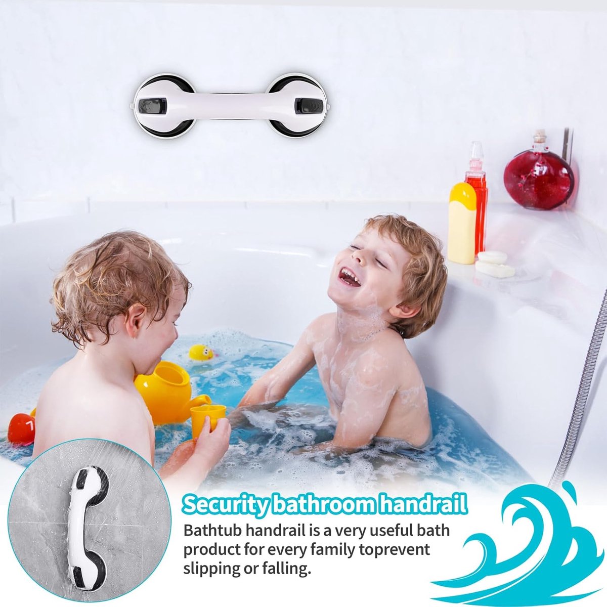 Set of 2 suction cup grab bars - Shower safety grab bars with suction cups - Extra handle - No drilling required - Safety grab bars - Suitable for the elderly and disabled - Shower holder - White Black