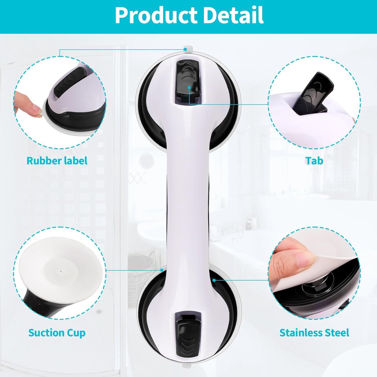 Set of 2 suction cup grab bars - Shower safety grab bars with suction cups - Extra handle - No drilling required - Safety grab bars - Suitable for the elderly and disabled - Shower holder - White Black