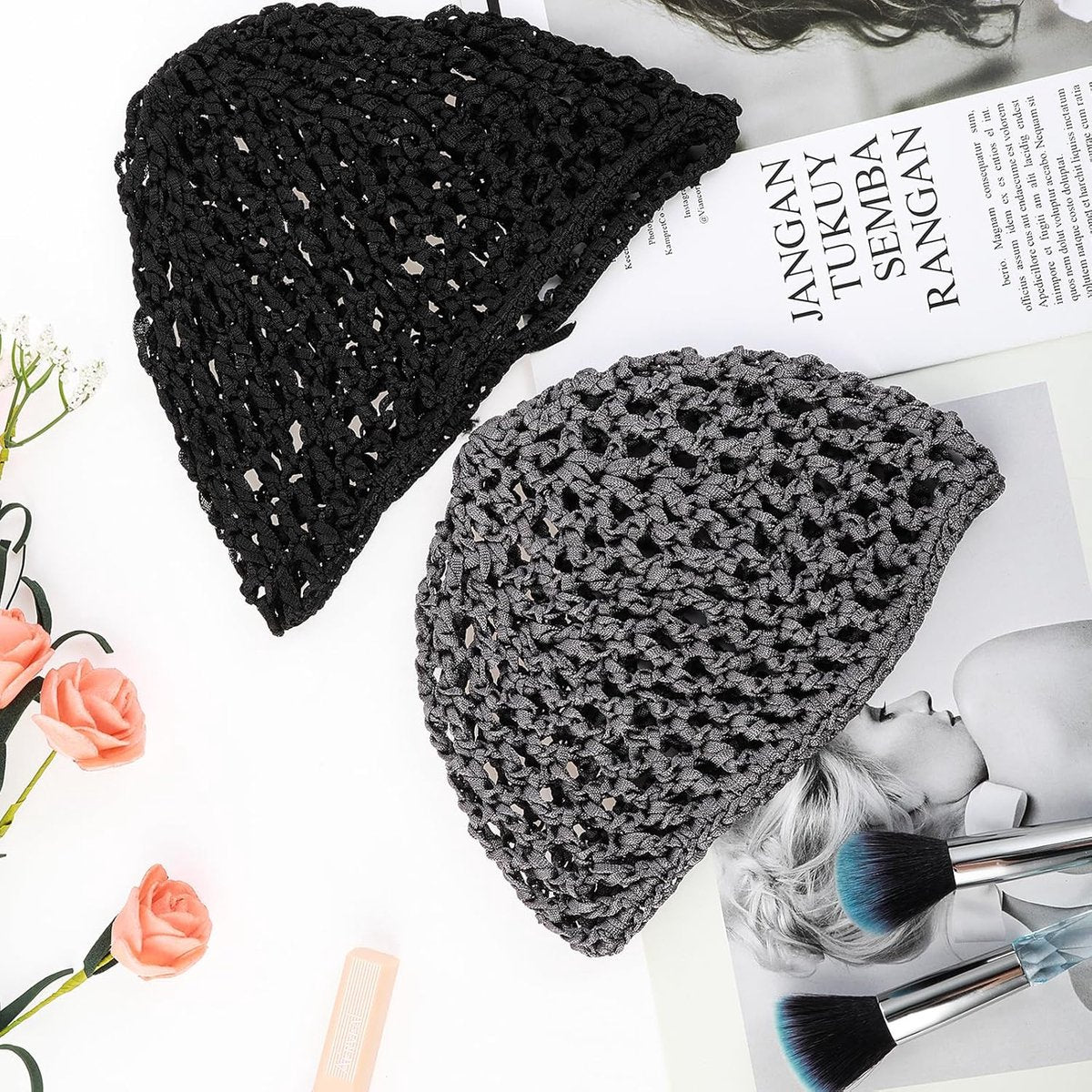 pieces - Mesh shower cap - hairnet - sleep cap - shower cover - sleep net - spa cap - headband - crocheted mesh wrap cap - stretch knitted net hairnet mesh - crocheted mesh sleep cap - women's headwear - headwear - hair accessories - black, grey