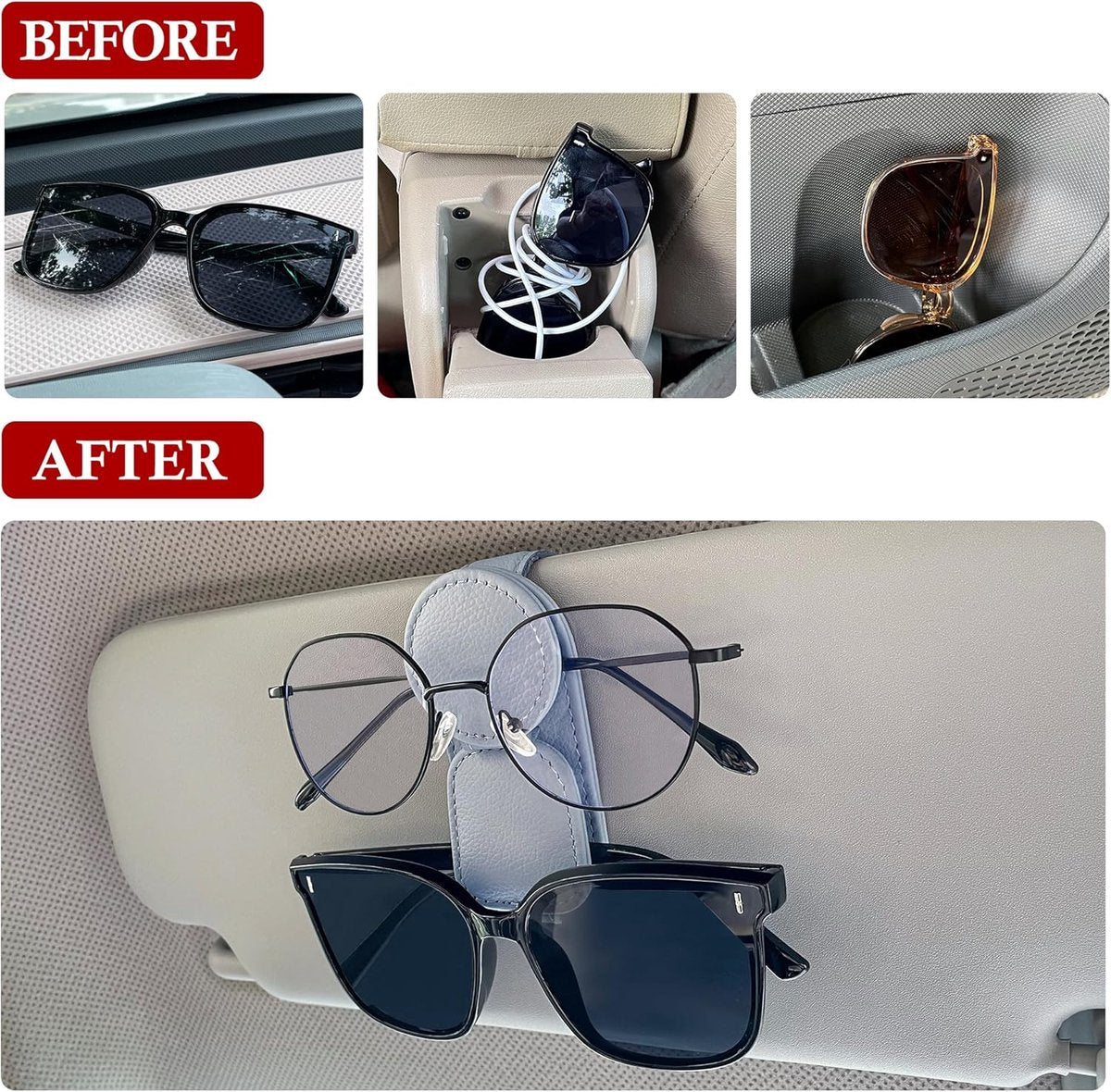 Sunglasses Holder for Car Sun Visor - 2 Pieces - Sunglasses Holder for Car Visor - Grey - Magnetic Leather Sunglasses Glasses Hanger Clip - Glasses Holder - for Car Sun Visor Accessories - Magnetic Glasses Holder - Visor Sunglasses Holder Clip