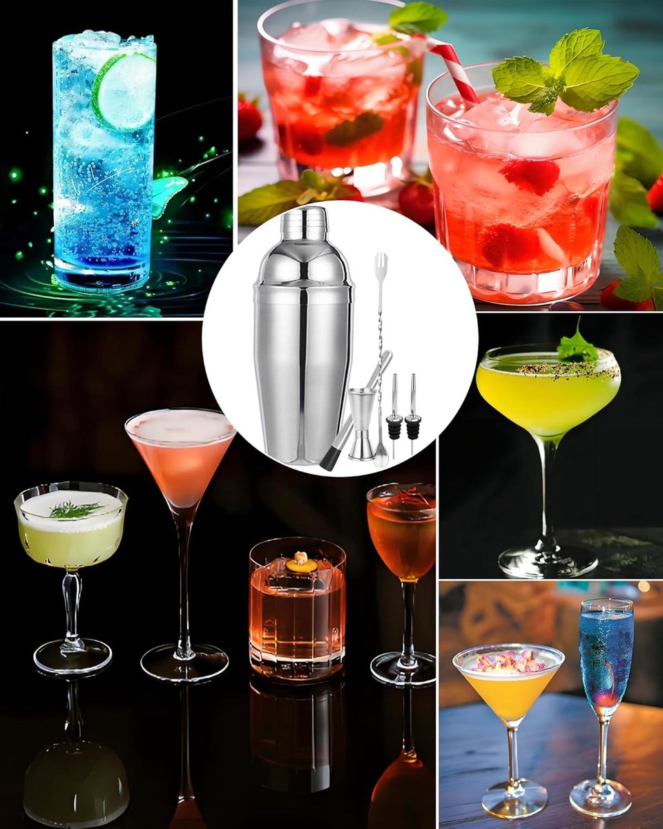 Stainless Steel Cocktail Shaker - 6-piece set - Cocktail set - Cocktail Shaker (750ml) - cocktail accessories - Cocktail set with drink shaker, cocktail strainer, mixing spoon, muddler, wine measure, handy stirrer - bar set - for Cocktail bar