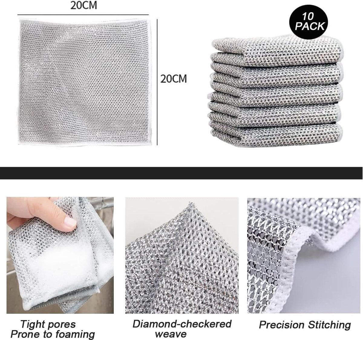 10 pieces - 20*20 cm - Multifunctional wire dishcloth - Dishcloth - double-layered - Cleaning cloth - for wet and dry dishes - scratch-free wire dishcloth - wire scrubbing cloths - for dishes - time-saving kitchen towels and cleaning cloths