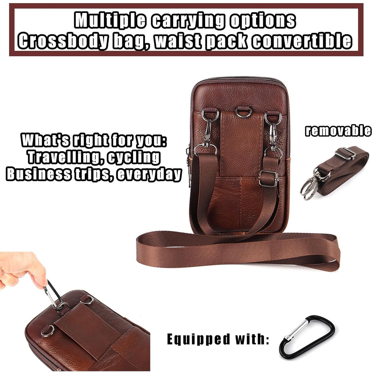 Leather Belt Bag - with Shoulder Strap - Leather Phone Waist Bag - Standing Small Belt Bag - Belt Bag - Men's Leather Shoulder Bag - Phone Holder - Vertical Phone Holder - Waist Belt - Smartphone Bag - Organizer - Waist Bag - Wallet - Shoulder Bag - Brown