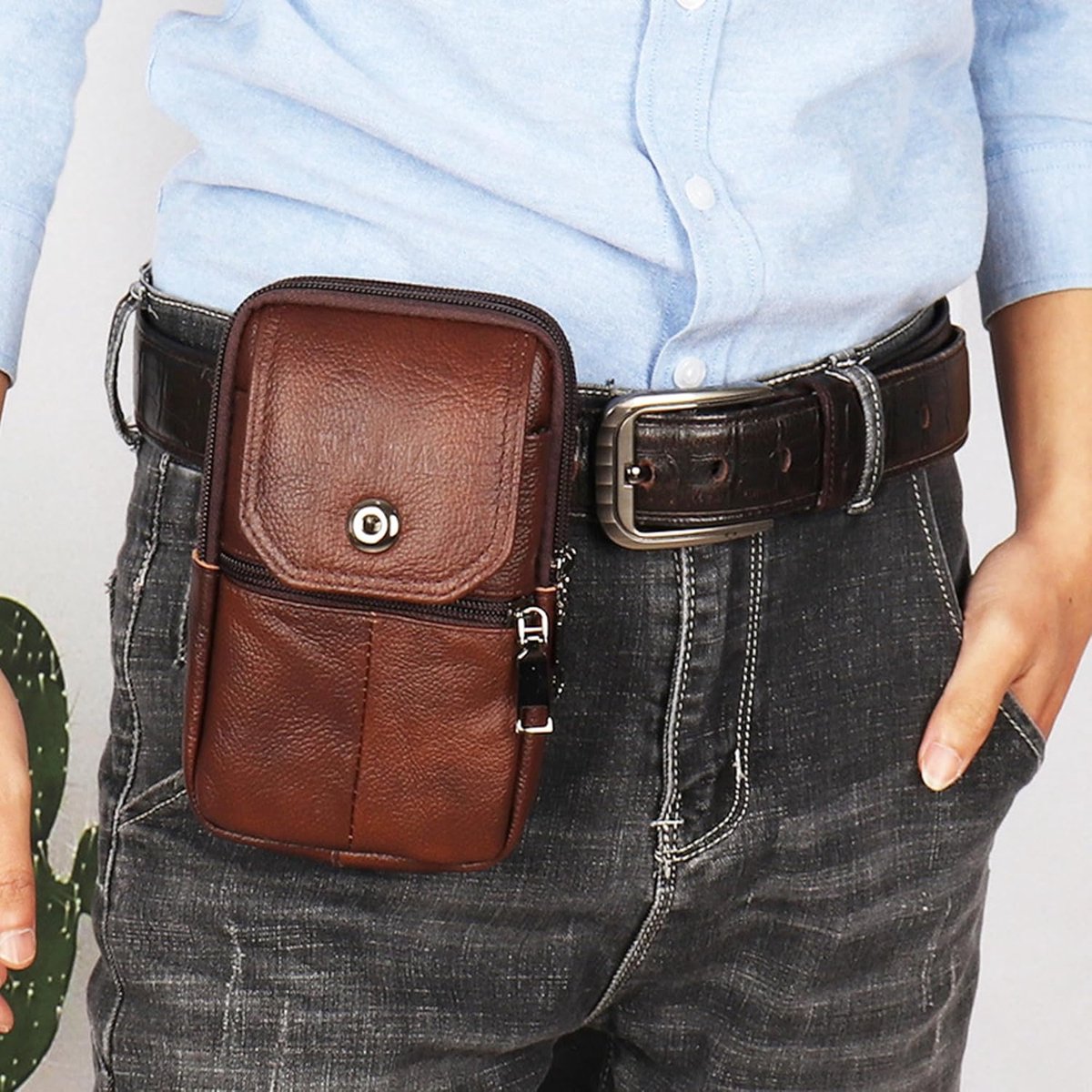 Leather Belt Bag - with Shoulder Strap - Leather Phone Waist Bag - Standing Small Belt Bag - Belt Bag - Men's Leather Shoulder Bag - Phone Holder - Vertical Phone Holder - Waist Belt - Smartphone Bag - Organizer - Waist Bag - Wallet - Shoulder Bag - Brown