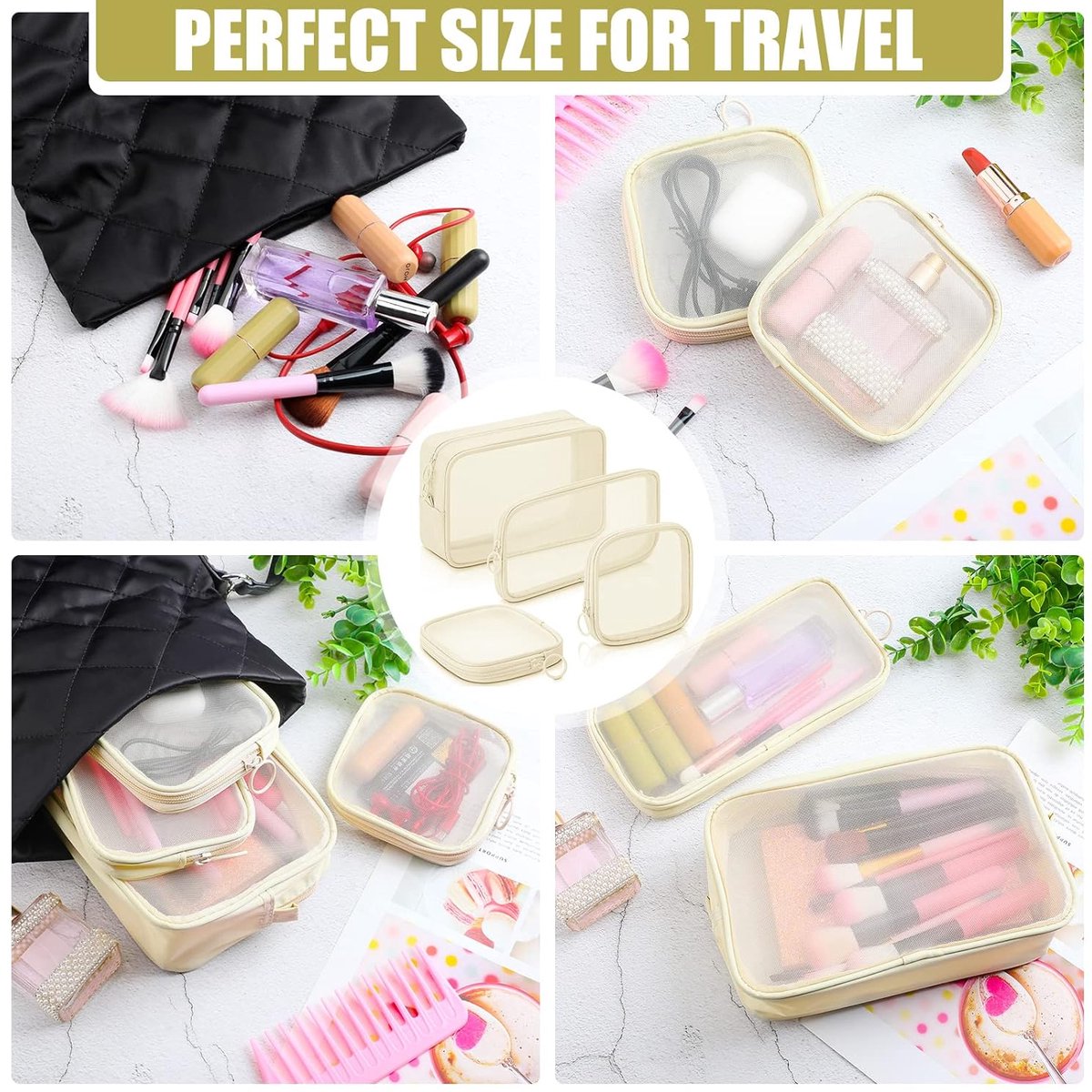 4 pieces - Cosmetic bag - Travel toiletry bag - Storage bag - mesh cosmetic bag - travel bag with zipper - mini makeup bag - for daily accessories - for travel and daily use - small, large, medium - beige
