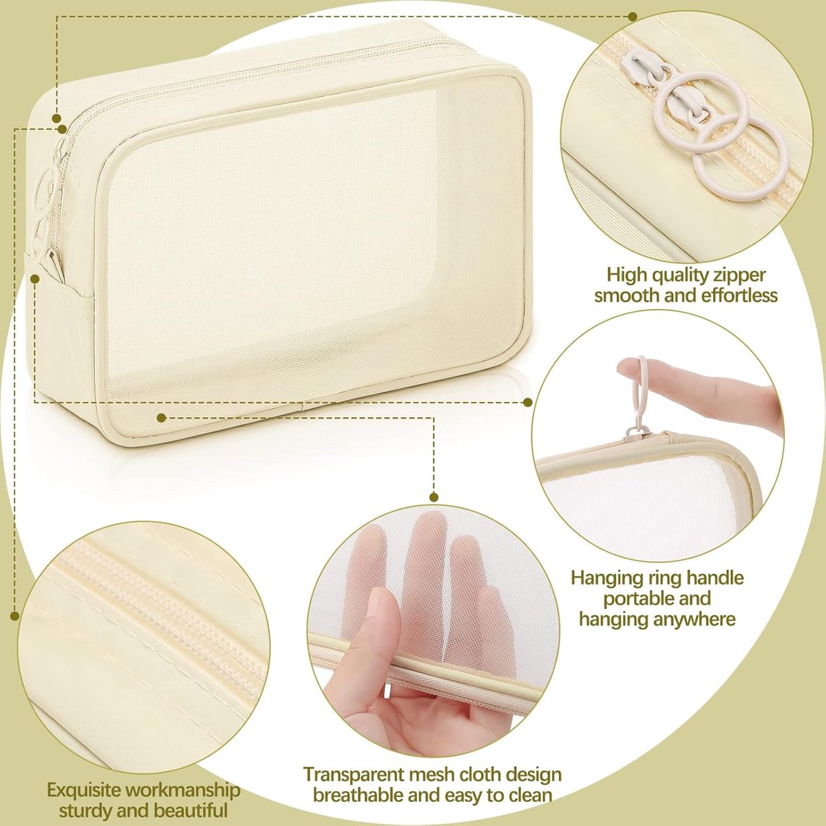 4 pieces - Cosmetic bag - Travel toiletry bag - Storage bag - mesh cosmetic bag - travel bag with zipper - mini makeup bag - for daily accessories - for travel and daily use - small, large, medium - beige