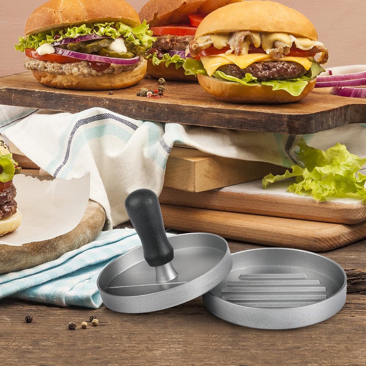 Hamburger press - with 100 non-stick sheets - 12*12*7.5 cm - Burger Press - Burger makers - non-stick meat burger maker - Hamburger mold - Meat press - Cooking utensils - kitchen tools - for BBQ, baking, stuffed hamburgers, beef burgers