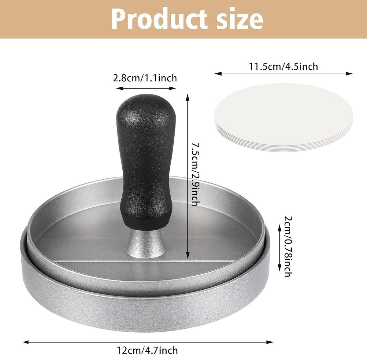 Hamburger press - with 100 non-stick sheets - 12*12*7.5 cm - Burger Press - Burger makers - non-stick meat burger maker - Hamburger mold - Meat press - Cooking utensils - kitchen tools - for BBQ, baking, stuffed hamburgers, beef burgers