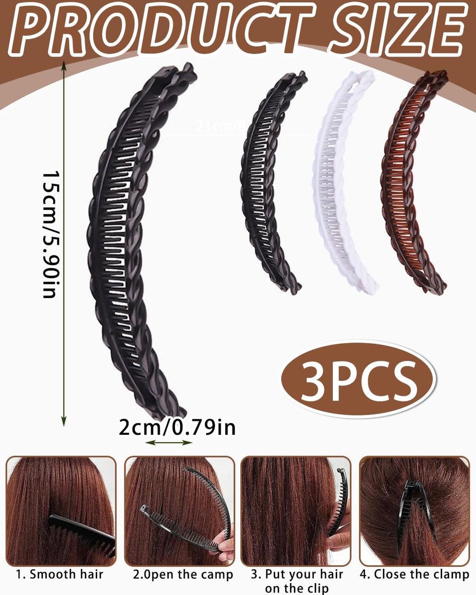 pieces - Banana clamp - Hair clip - Hair accessories - Hairpin - Banana hair clips - Ponytail clamp - Decorative ponytail clamp - Non-slip wearable hairpin - Hair clips for women - For women and girls with thin and thick hair - 15 cm - Black, white, brown