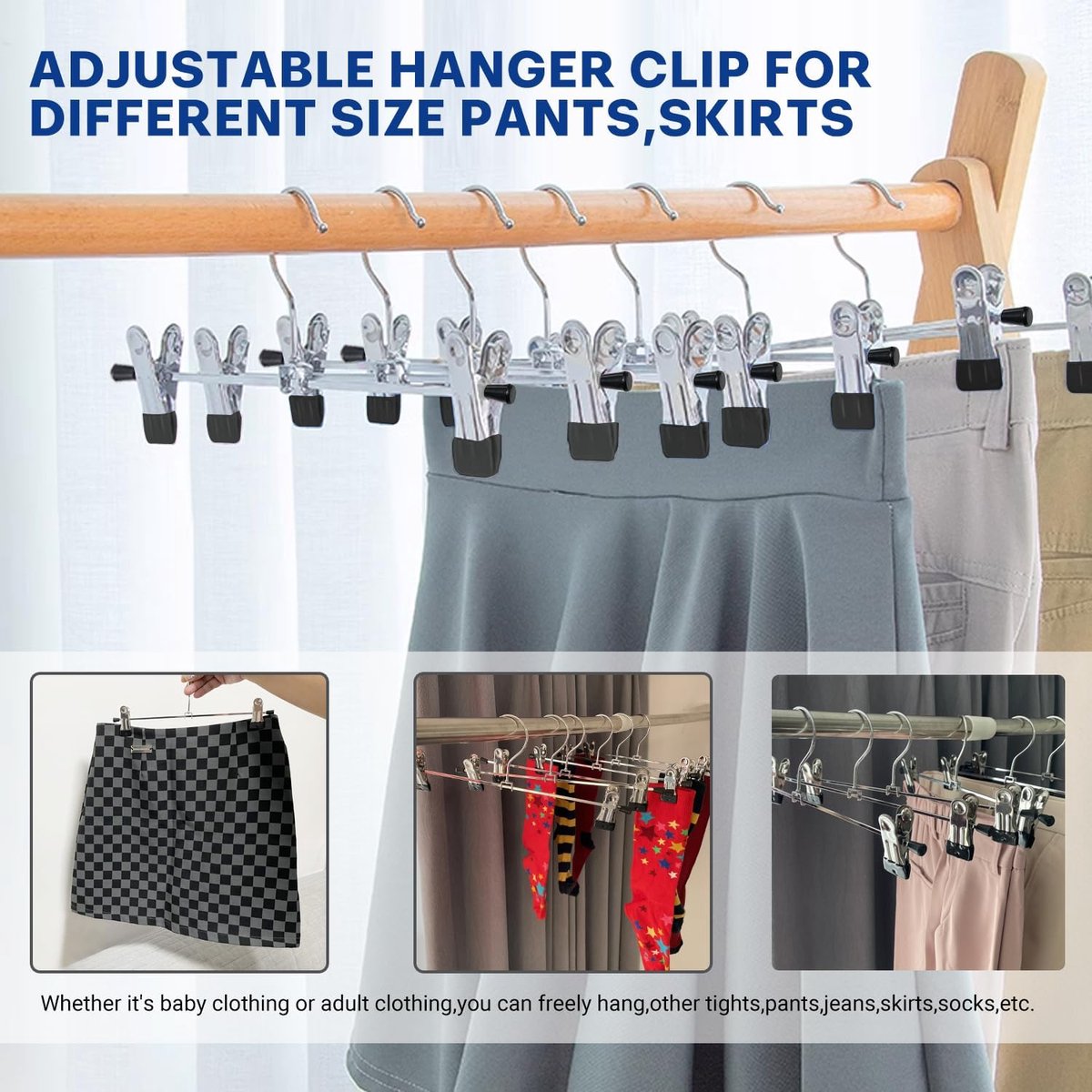 Clothes Hangers - 20 Pieces - Trouser Hangers - Trouser Hangers with Clips - Garment Hangers - Skirt Hangers - Non-Slip Hanger with Clips - Clothes Rack/Coat Rack/Jacket/Trouser Hanger - Space-Saving - Adjustable Clip Hangers - For Trousers Skirts Socks U