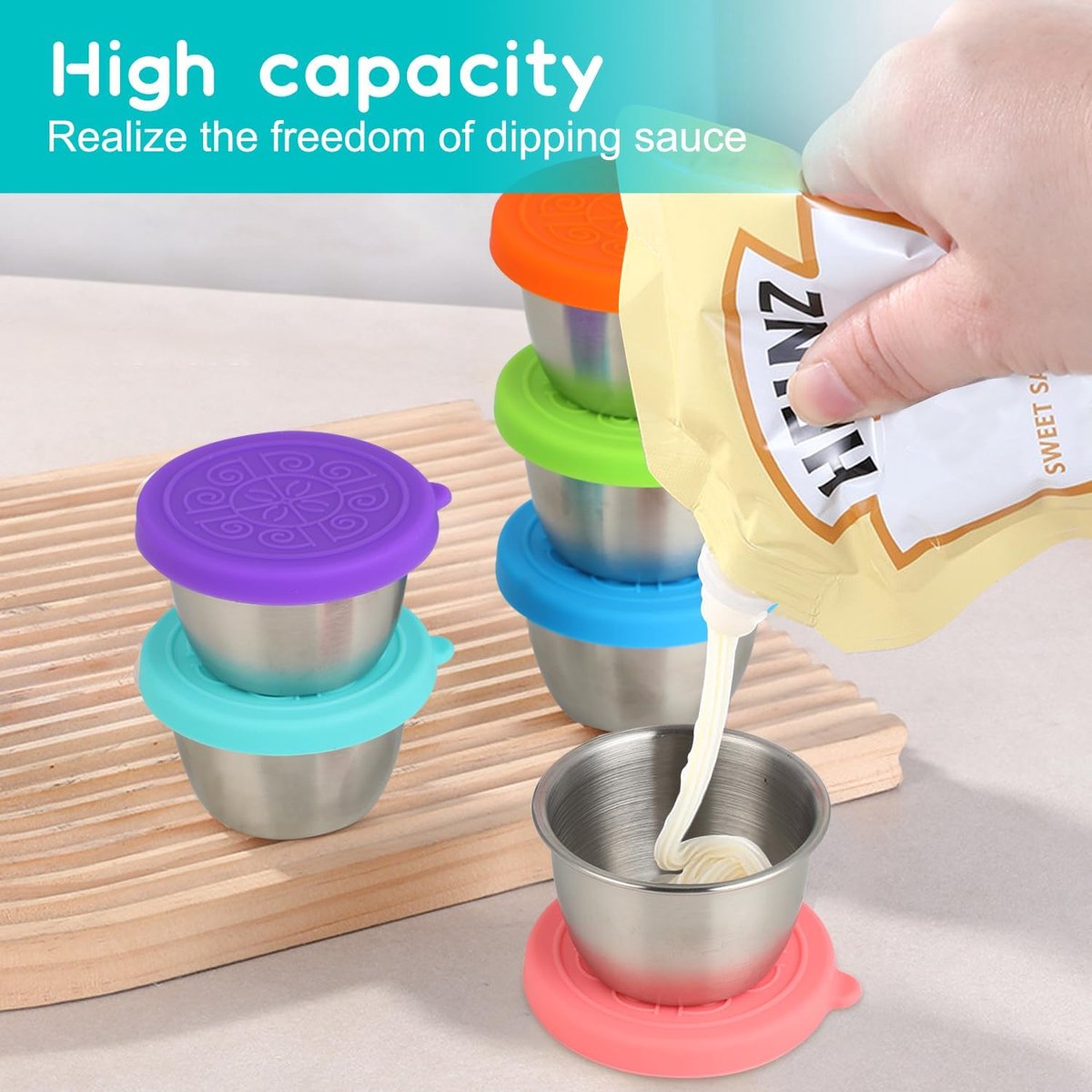 6 pieces - Dressing cups - Food storage containers - 40 ml - Sauce cup - salad dressing containers - food containers - stainless steel container - with silicone lids - leak-proof - reusable - for salads, processed foods - 5.5*5.5*2.5 cm