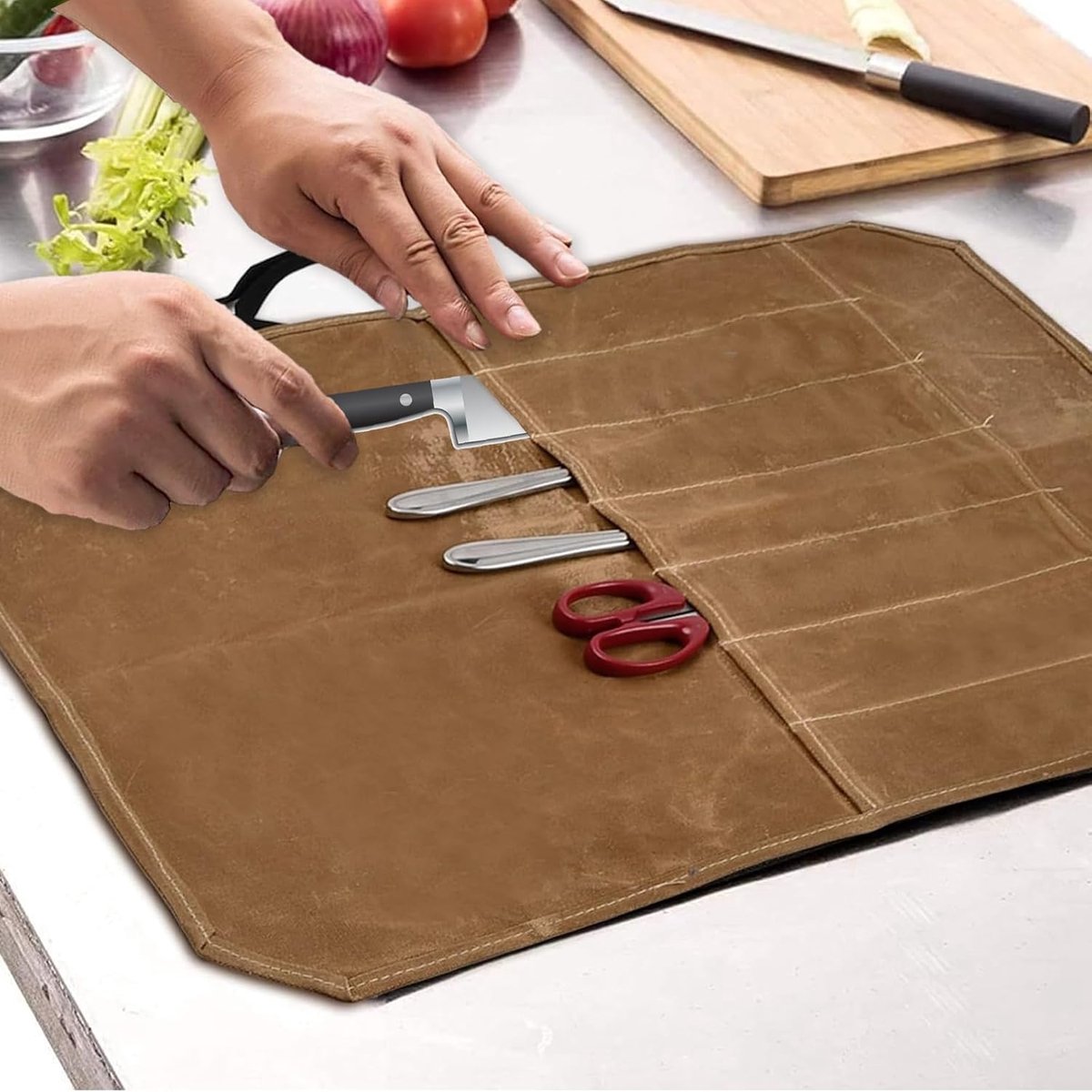 Chef Tools Protector - with 7 slots - Chef's knife roll bag - Knife bag - Waxed canvas knife bag - Cookware - knife case - knife holder - storage bag - cutlery tool roll bag - for camping - (Knives Not Included) - 45*56 cm - Khaki