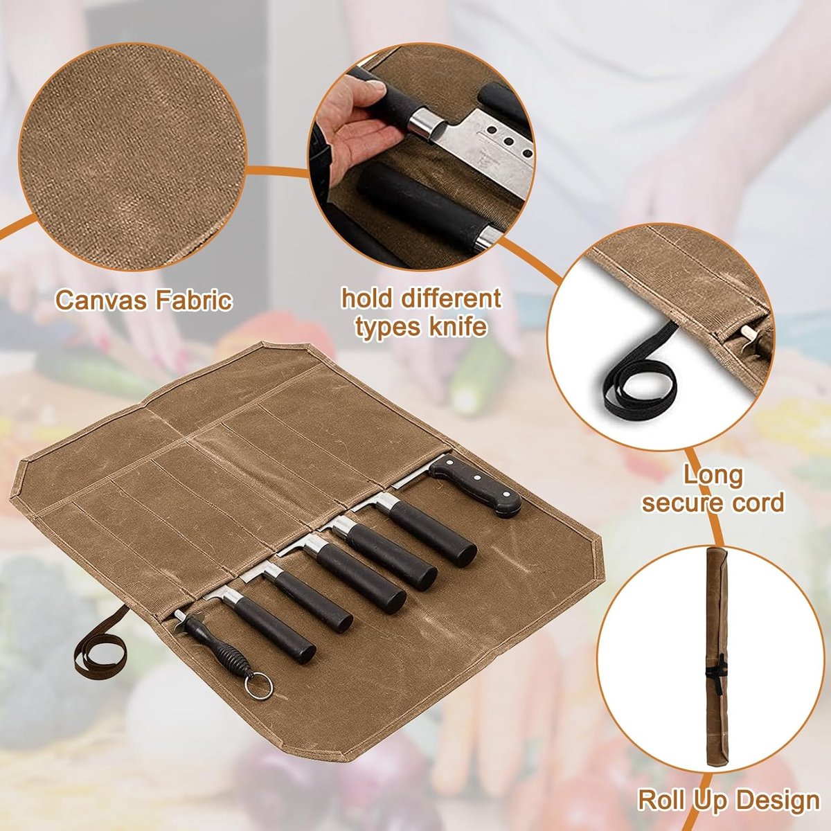 Chef Tools Protector - with 7 slots - Chef's knife roll bag - Knife bag - Waxed canvas knife bag - Cookware - knife case - knife holder - storage bag - cutlery tool roll bag - for camping - (Knives Not Included) - 45*56 cm - Khaki