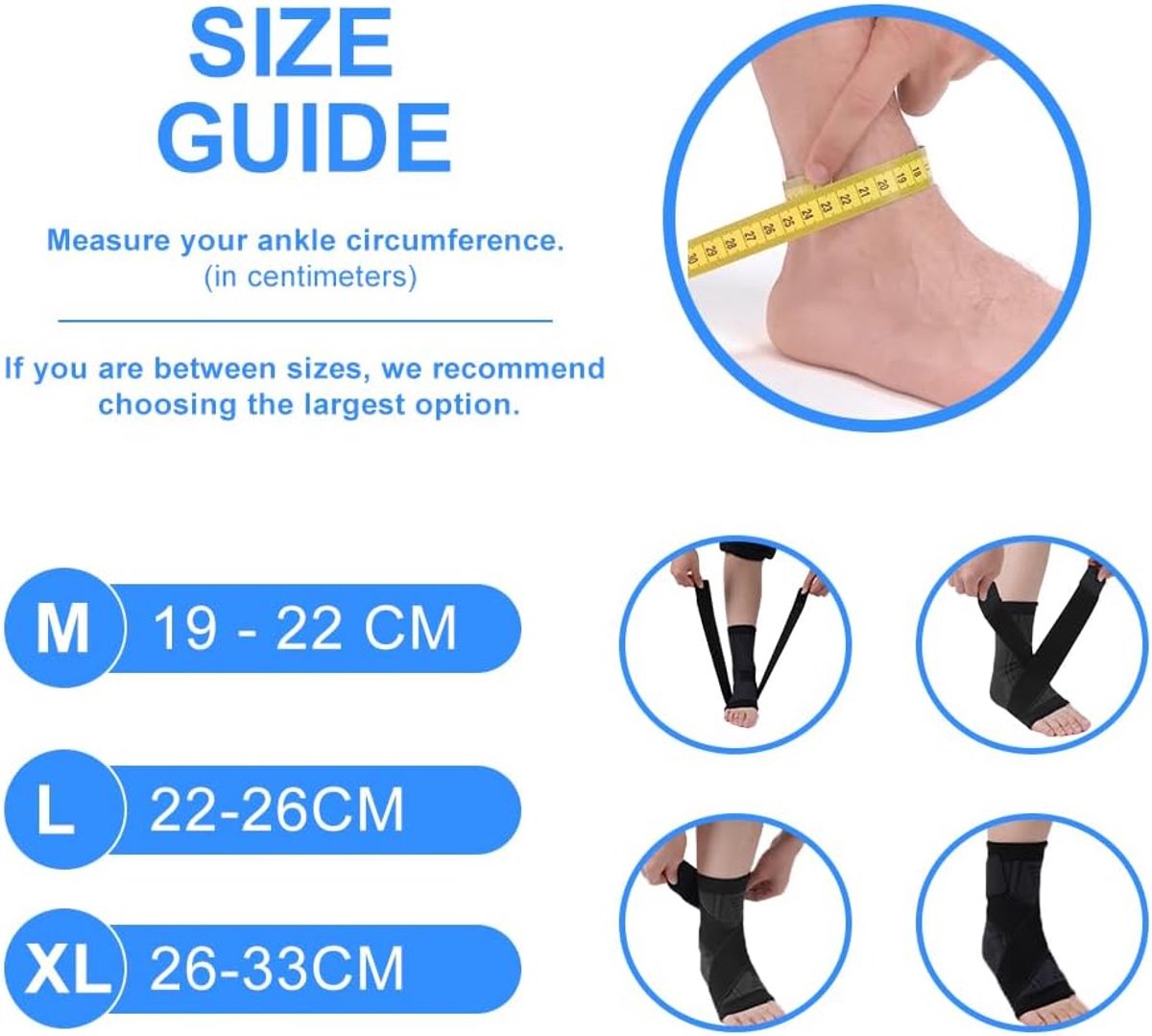 1 pair - Ankle brace - Ankle support - Ankle bandage - Foot brace - Upper neck circumference 22 cm - for damaged ligaments and sprained ankle - support band for heel pain with plantar fasciitis - relief of heel pain - Unisex - M - black