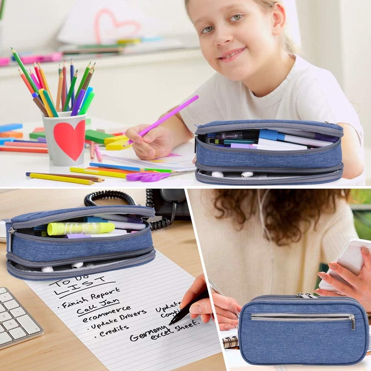 Large Pencil Case - Pencil Bag for Children and Adults - Large Case - Pencil Case - Storage Box - Desk Organizer - School Pencil Case - Multifunctional Pen Bag - Pencil Case - Pen Pocket - High Volume - for Boys and Girls - Blue