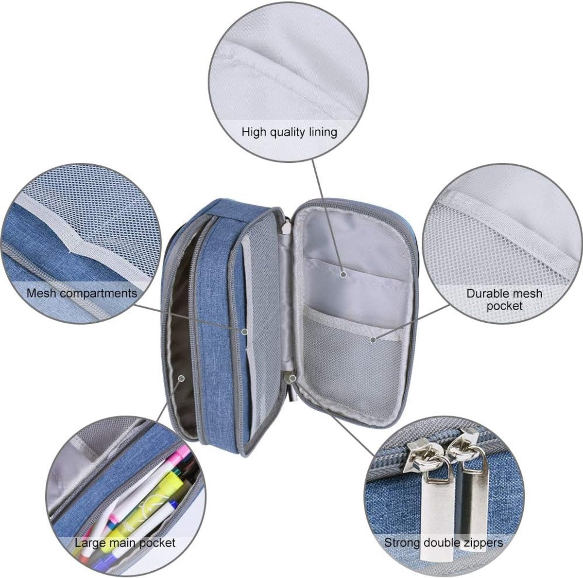 Large Pencil Case - Pencil Bag for Children and Adults - Large Case - Pencil Case - Storage Box - Desk Organizer - School Pencil Case - Multifunctional Pen Bag - Pencil Case - Pen Pocket - High Volume - for Boys and Girls - Blue