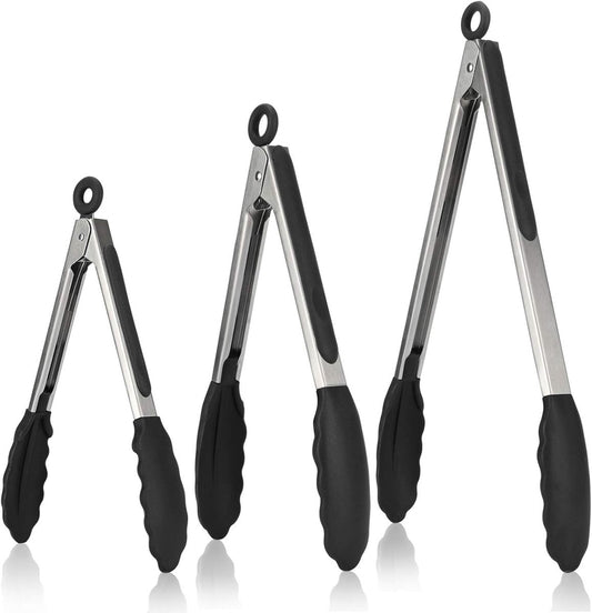 3-piece kitchen tongs set - 7/9/12 inch - Grill tongs - Grill accessories - With hanging loop - Cooking tongs - Heat resistant - Silicone non-stick coating - Stainless steel handles - Ideal for grilling food, salads, frying, and serving - Black