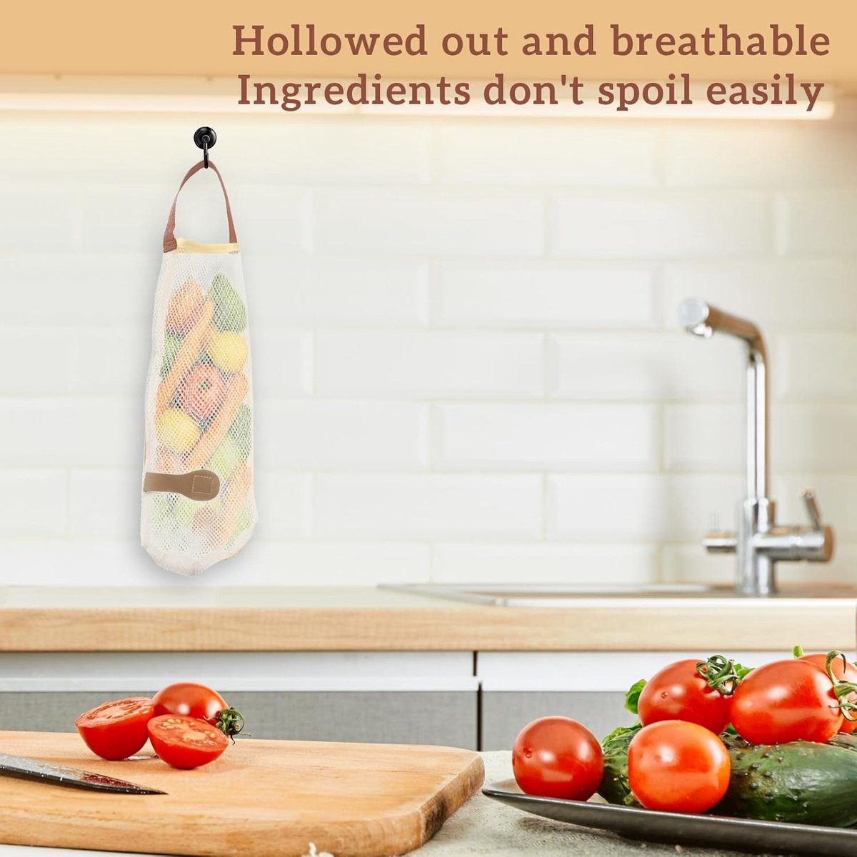 5 pieces - Vegetable bag - Fruit bag - 48*11 cm - Storage bag - hanging mesh bag - reusable large bag for cooking seafood - washable bags - for vegetables and fruit for the kitchen, fridge, potato, onion, garlic, vegetables and fruit - beige