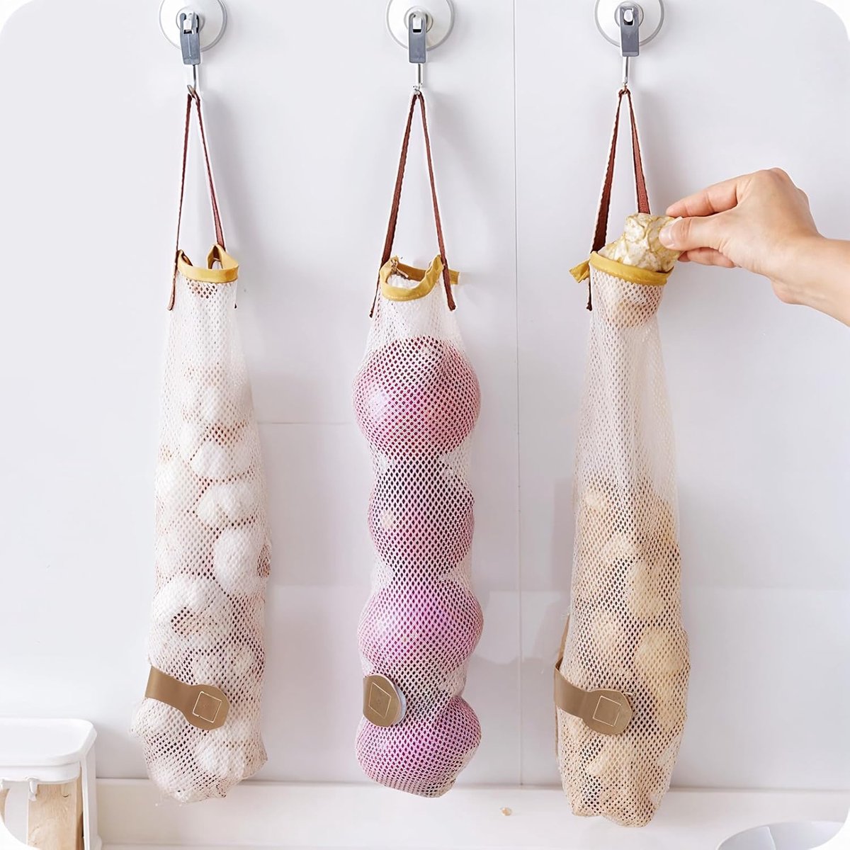 5 pieces - Vegetable bag - Fruit bag - 48*11 cm - Storage bag - hanging mesh bag - reusable large bag for cooking seafood - washable bags - for vegetables and fruit for the kitchen, fridge, potato, onion, garlic, vegetables and fruit - beige