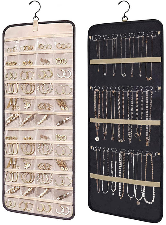 Jewelry organizer - 1 piece - Jewelry holder - Felt hanging bag - Earring organizer - Hanging jewelry organizer - Storage bag - Display rack - Double-sided necklace holder - Jewelry necklace organizer - with large zippered pockets and hooks - 84*36cm - bl