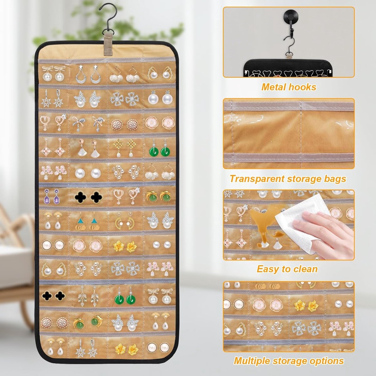 Jewelry organizer - 1 piece - Jewelry holder - Felt hanging bag - Earring organizer - Hanging jewelry organizer - Storage bag - Display rack - Double-sided necklace holder - Jewelry necklace organizer - with large zippered pockets and hooks - 84*36cm - bl