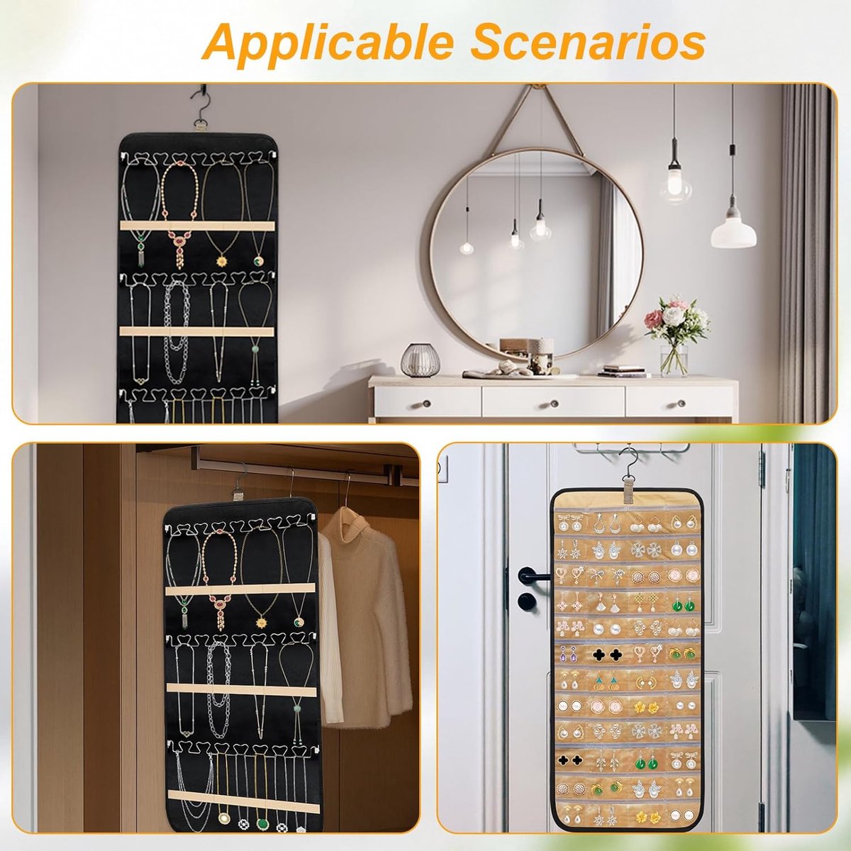 Jewelry organizer - 1 piece - Jewelry holder - Felt hanging bag - Earring organizer - Hanging jewelry organizer - Storage bag - Display rack - Double-sided necklace holder - Jewelry necklace organizer - with large zippered pockets and hooks - 84*36cm - bl