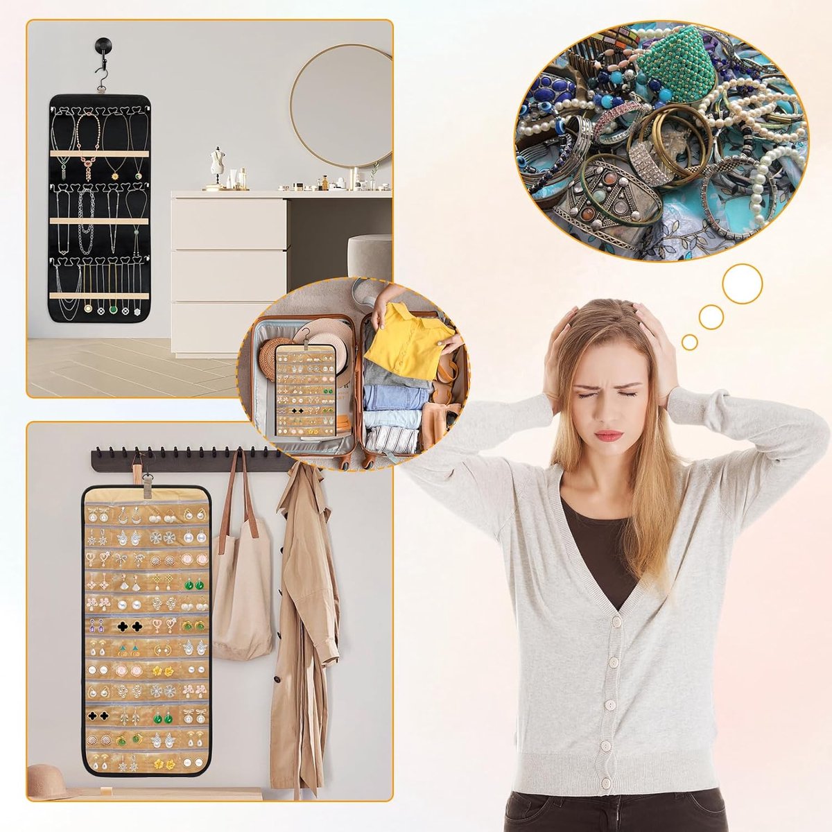 Jewelry organizer - 1 piece - Jewelry holder - Felt hanging bag - Earring organizer - Hanging jewelry organizer - Storage bag - Display rack - Double-sided necklace holder - Jewelry necklace organizer - with large zippered pockets and hooks - 84*36cm - bl