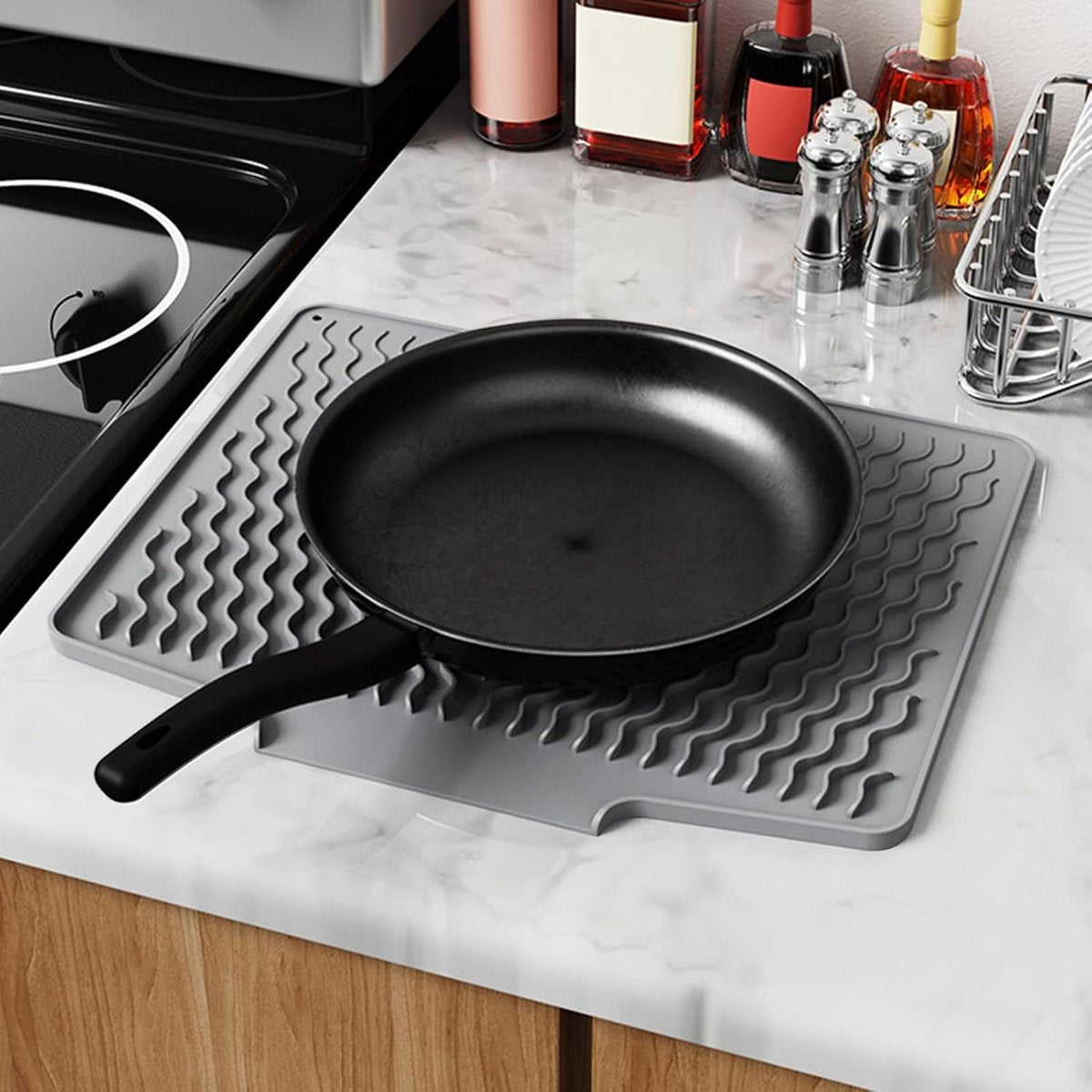 39*32 cm - Drain mat - Countertop drying mat - Foldable silicone drainer - kitchen drying mat - non-slip - silicone drainer - for the sink, for kitchen utensils, cups, fruit and vegetables - grey
