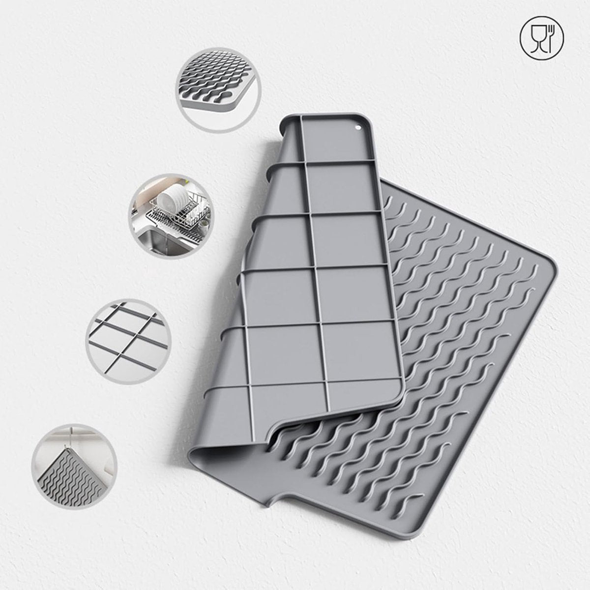 39*32 cm - Drain mat - Countertop drying mat - Foldable silicone drainer - kitchen drying mat - non-slip - silicone drainer - for the sink, for kitchen utensils, cups, fruit and vegetables - grey
