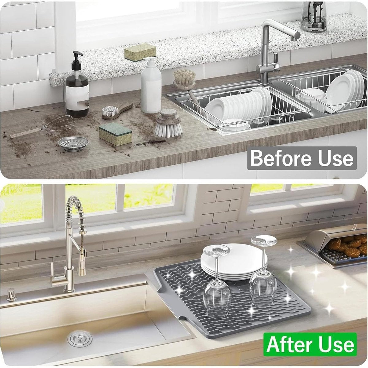 39*32 cm - Drain mat - Countertop drying mat - Foldable silicone drainer - kitchen drying mat - non-slip - silicone drainer - for the sink, for kitchen utensils, cups, fruit and vegetables - grey