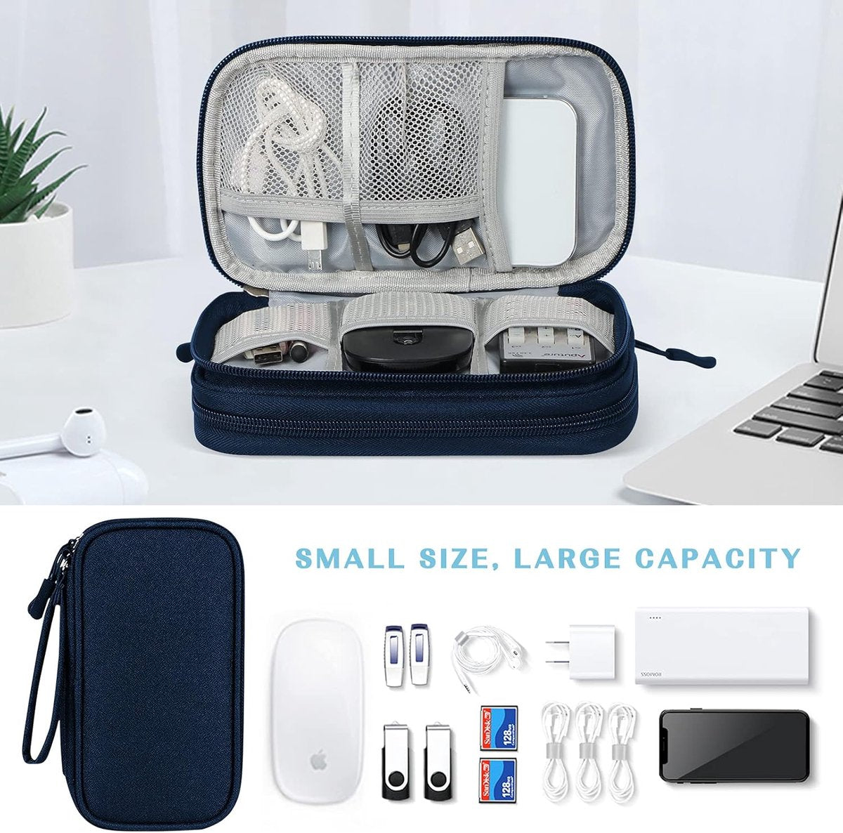 Cable Storage Bag - Travel Organizer Accessories - Waterproof/Wear-Resistant - Cable - Bag, Charger, Adapter, USB, Hard Drive - Compact Cable Bag - Cable Organizer - 19x11x5.5cm - Navy Blue