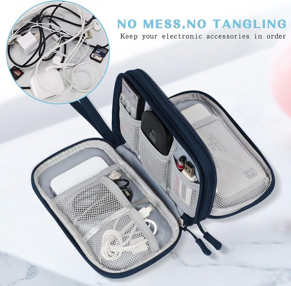 Cable Storage Bag - Travel Organizer Accessories - Waterproof/Wear-Resistant - Cable - Bag, Charger, Adapter, USB, Hard Drive - Compact Cable Bag - Cable Organizer - 19x11x5.5cm - Navy Blue