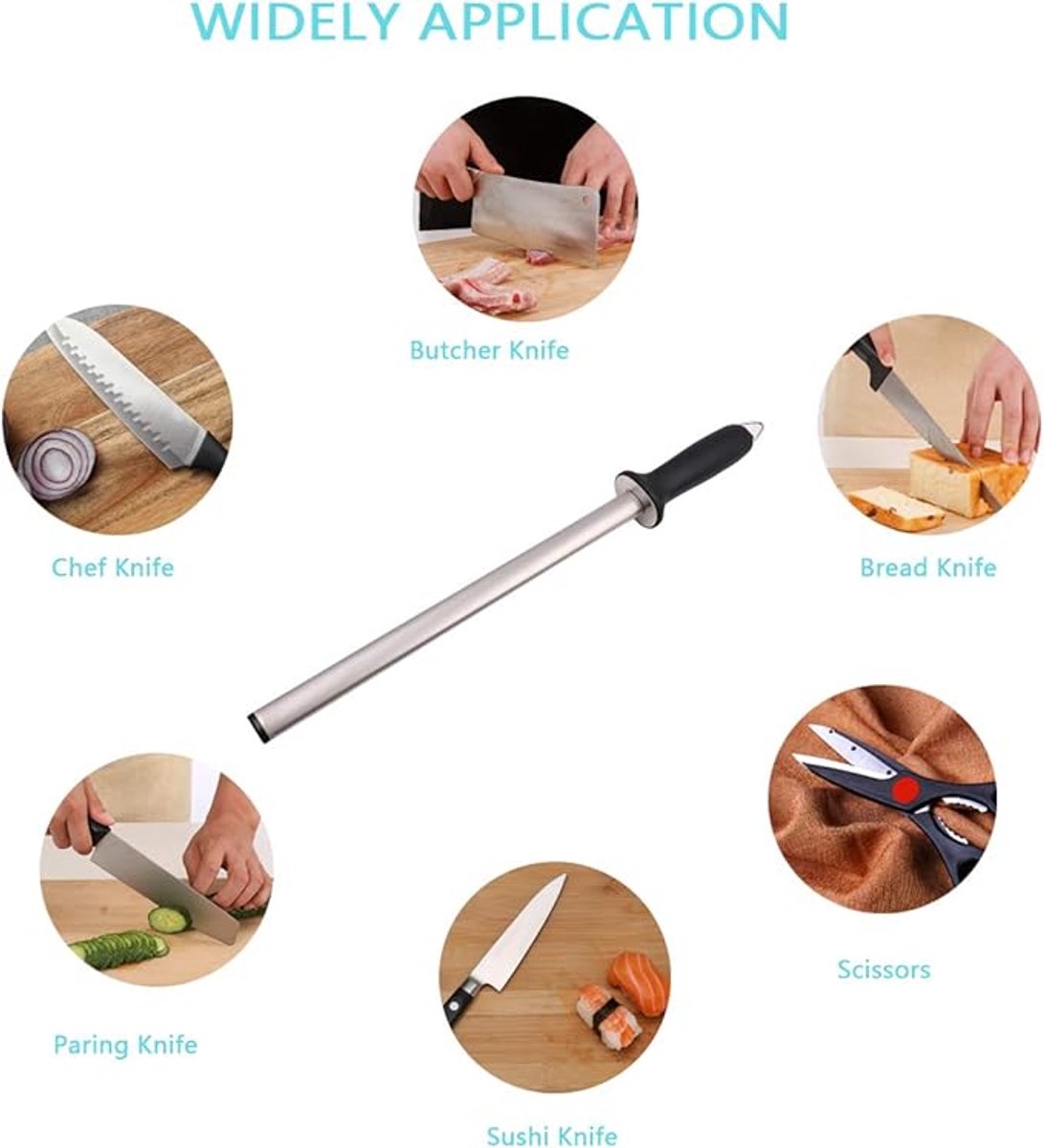 Diamond sharpening steel - Sharpening steel for knives - Sharpening rod - PP - silver, black - 439mm - Suitable for sharpening and maintaining all types of knives (except serrated knives/ceramic knives)