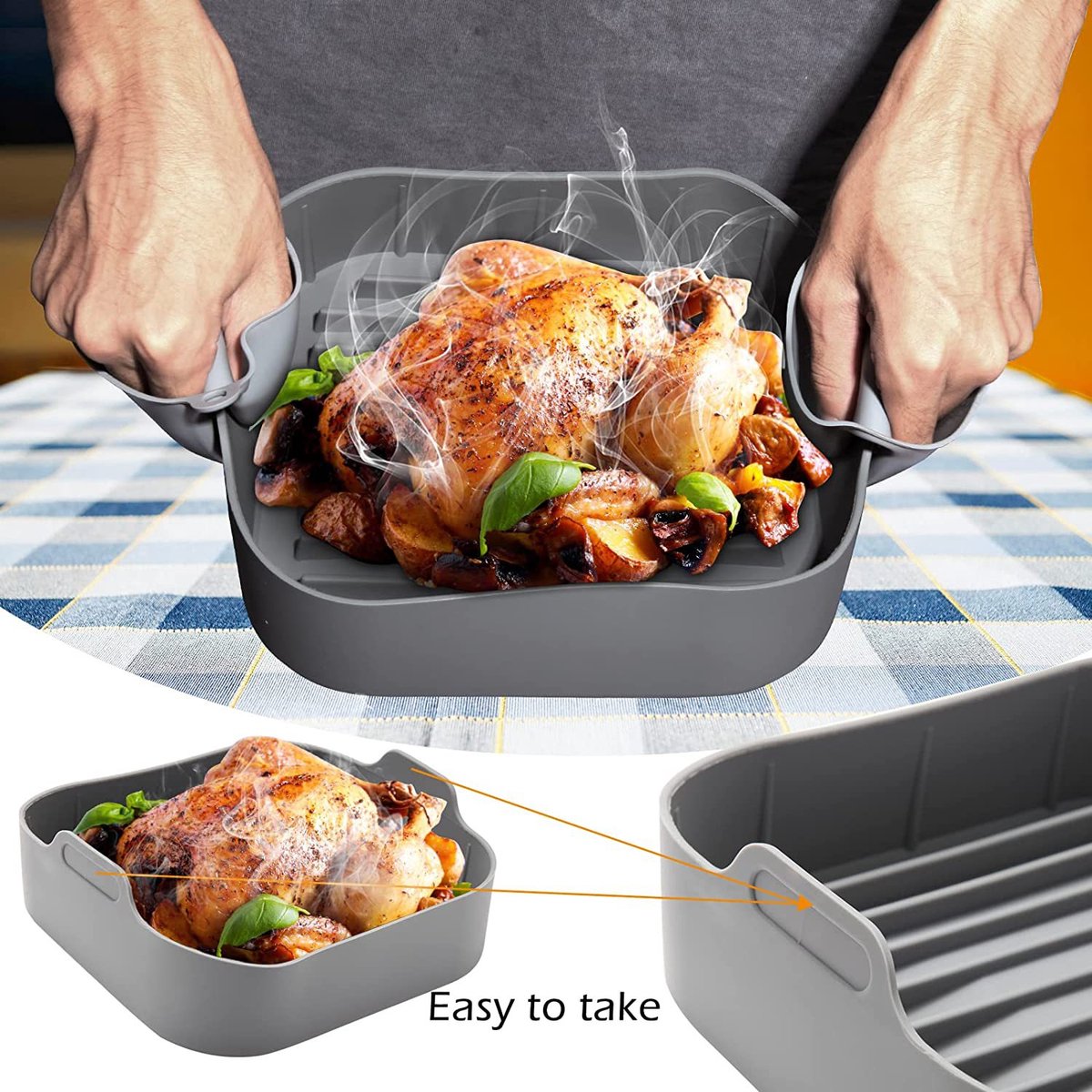 Airfryer accessories - Silicone baking dish - Hot air fryer - Baking tins - Baking paper alternative - Basket baking tin - 20 CM - including gloves and oil brush - gray - Accessories