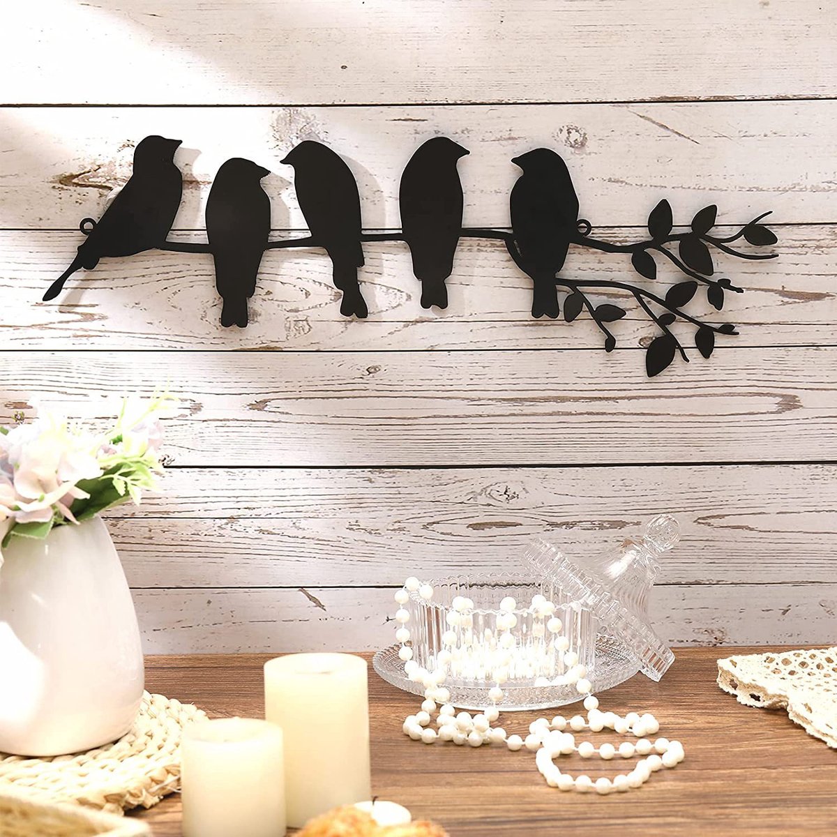Birds on a branch wall decoration metal wall decoration iron 5 birds black hollow sculpture decor hanging ornament rustic hanging sign for living room office home