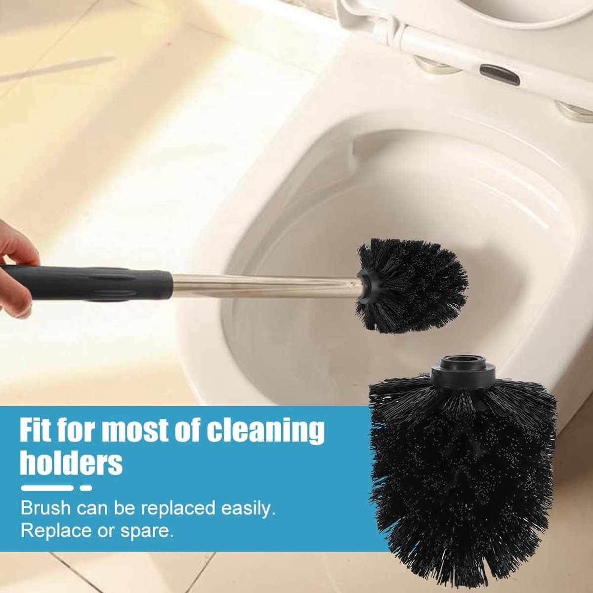 Toilet Brush Head - 5 Pieces - Loose Brush Head for Toilet Brush - Plastic - Loose Toilet Brush Head - Brush Head Set for Toilet Brush - Universal - Thread 12 mm - Suitable for Bathrooms - 80*100mm - Black