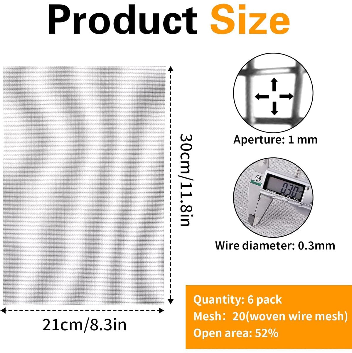 Sieve metal - 6 pieces - 30 x 21 cm - Insect net - 20 mesh - Fine mesh - Metal mesh - Insect mesh - Mouse mesh - Silver - Stainless steel - For cages, ventilation openings, gardens, window screens and filters