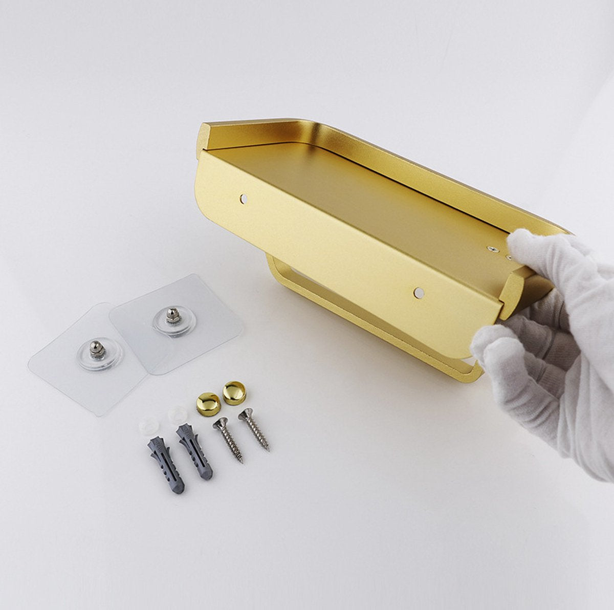 Toilet roll holder - WC roll holder - space aluminum - gold - Self-adhesive / Drilling - double layer - With shelf - 16.7 * 9.5 * 6.2 cm