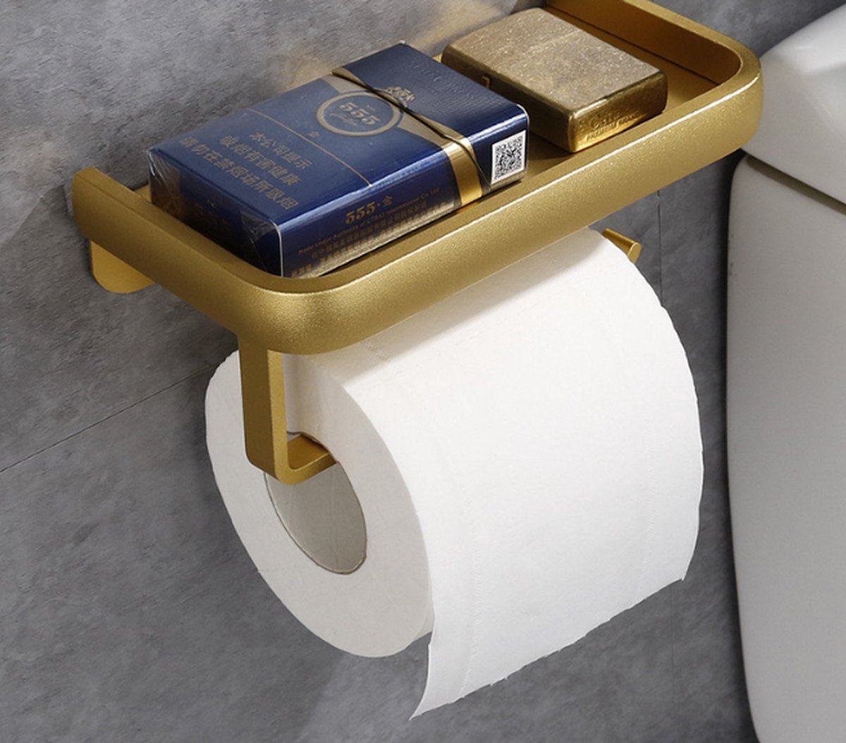 Toilet roll holder - WC roll holder - space aluminum - gold - Self-adhesive / Drilling - double layer - With shelf - 16.7 * 9.5 * 6.2 cm