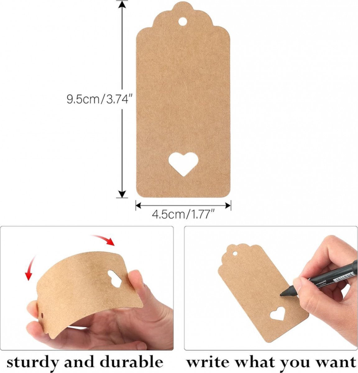 100x Kraft Cardboard Labels - With 100 Jute Rope - Gift Tags - 9.5 x 4.5 CM - Heart - Writable - Cardboard Gift Labels - Kraft Paper Name Tags - Blank Price Tags - Gift Tags - Multifunctional Label - Thick & Sturdy