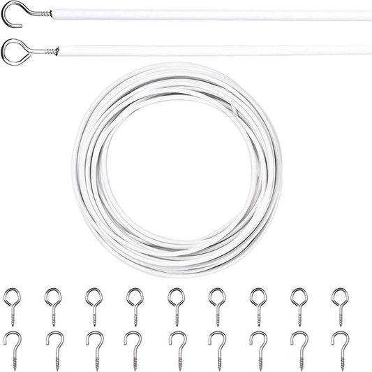 Curtain spiral wire - 10M - Curtain cable - with screw eyes and hooks - 25 sheep eye circles and 25 question mark nails - Spiral wire set - curtain cable line for clothing - Tension spring - white - Metal - for curtain rods, curtains, shower curtains