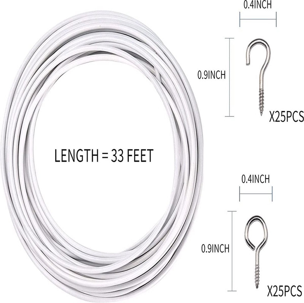 Curtain spiral wire - 10M - Curtain cable - with screw eyes and hooks - 25 sheep eye circles and 25 question mark nails - Spiral wire set - curtain cable line for clothing - Tension spring - white - Metal - for curtain rods, curtains, shower curtains