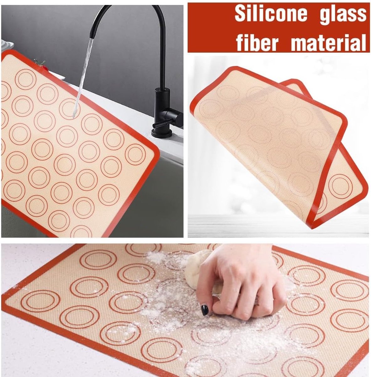 2 pieces Silicone macaron baking mat - 42 x 29.5 cm - Non-stick mat - Non-slip - Washable - Reusable - For making gingerbread / cake / bread - Non-stick silicone macaron baking tray - Red
